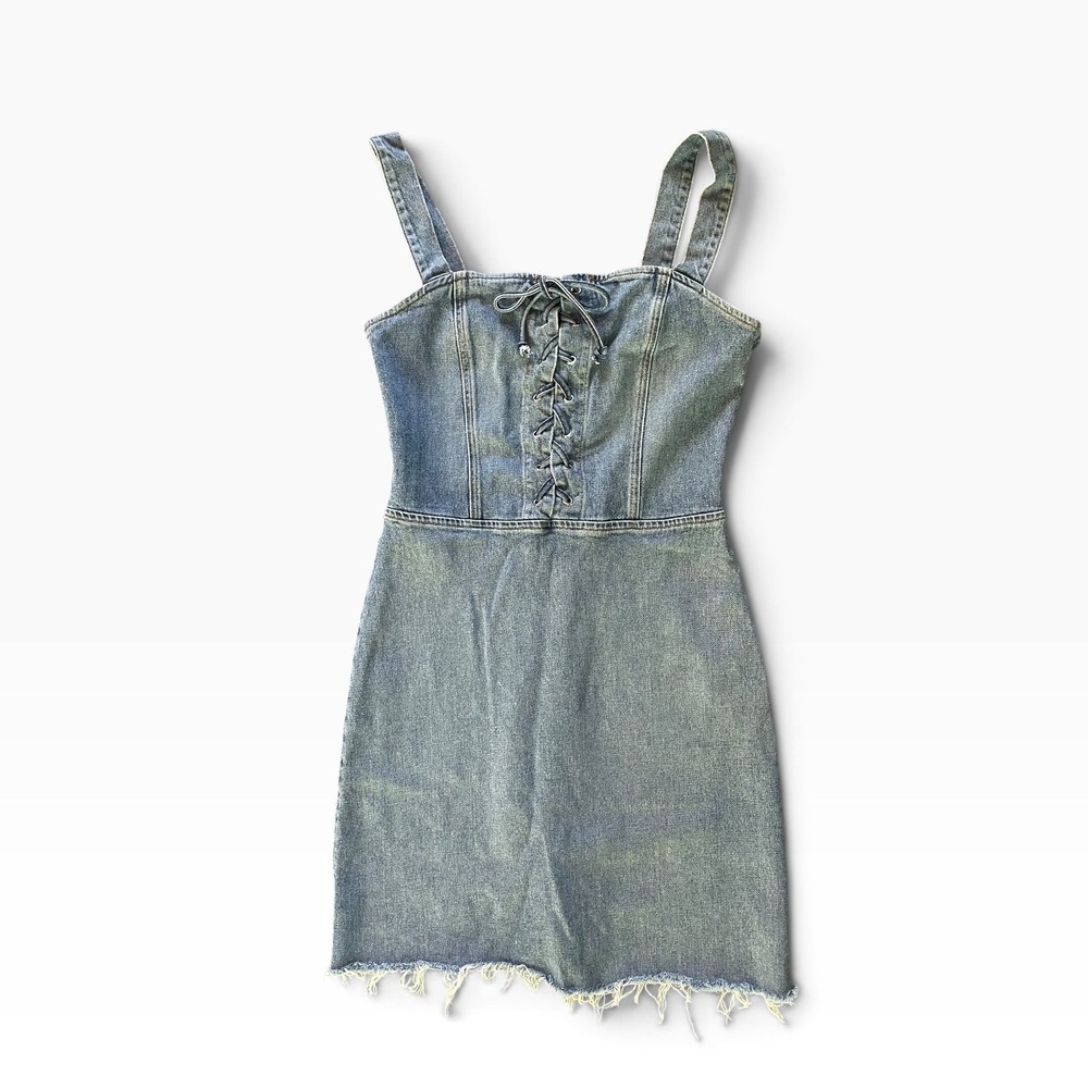 Reformation Kayla Denim Mini Dress Ibiza Wash Lace Up Front Blue Size 8